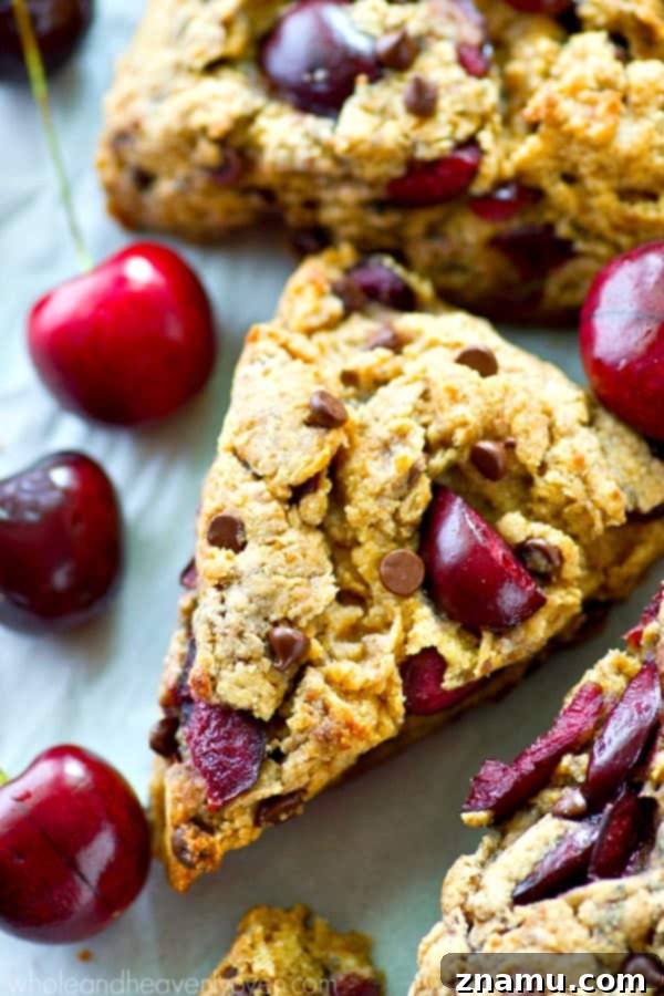 Luscious Cherry Chocolate Coconut Scones 2 Deliciously flaky cherry chocolate chip scones made with coconut oil, perfect for summer.
