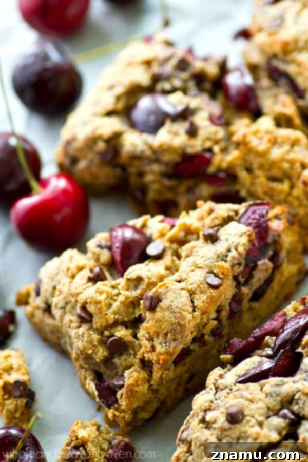 Luscious Cherry Chocolate Coconut Scones 3 Close-up of freshly baked cherry chocolate chip scones.