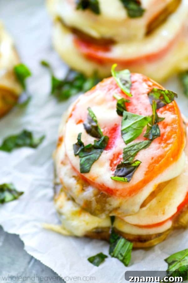 Caprese Towers with Heirloom Tomatoes and Eggplant 3 A close-up of a layered Caprese stack featuring grilled eggplant, thick slices of heirloom tomato, and a generous slice of melted mozzarella cheese, garnished with fresh basil.