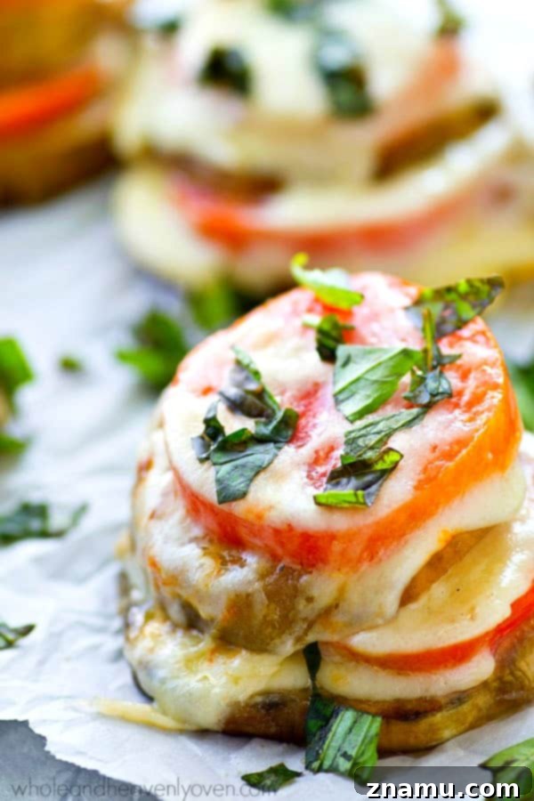 Caprese Towers with Heirloom Tomatoes and Eggplant 5 Close-up of a warm eggplant Caprese stack, with bubbly melted mozzarella and charred edges from broiling, garnished with fresh green basil.