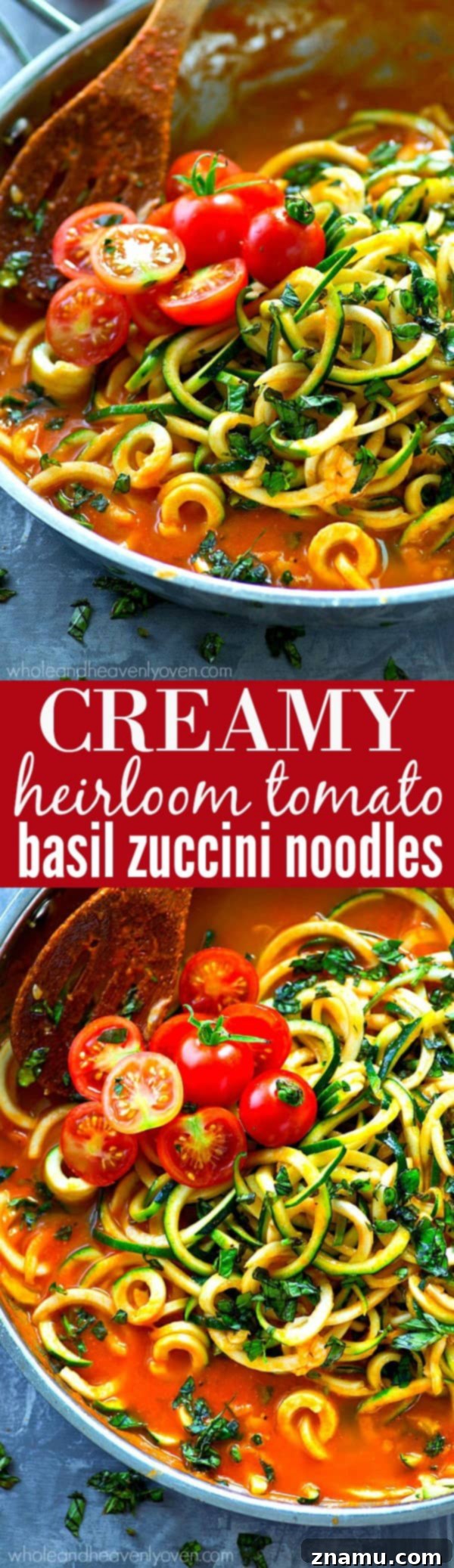 Creamy Heirloom Tomato Basil Zoodles 8 A rich and flavorful made-from-scratch heirloom tomato sauce is the secret to what makes these zucchini noodles SO good! No one would ever guess it's ready in only 20 minutes with a handful of ingredients!