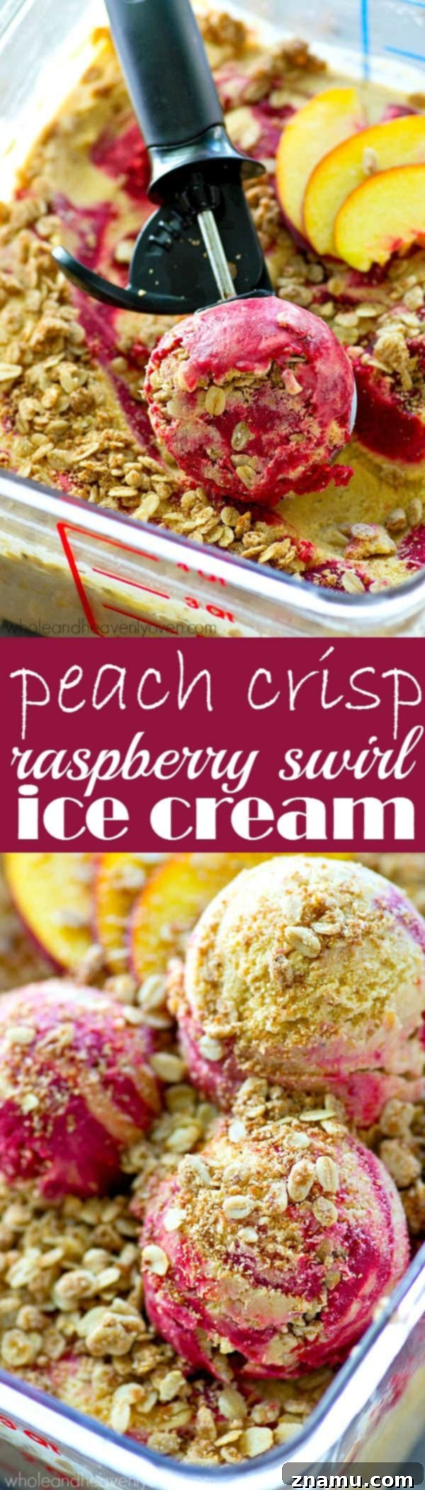 Golden Peach Crumble & Raspberry Ripple Ice Cream 8 An overhead shot showcasing the decadent texture and full presentation of Peach Crisp Raspberry Swirl Ice Cream in a bowl with a spoon