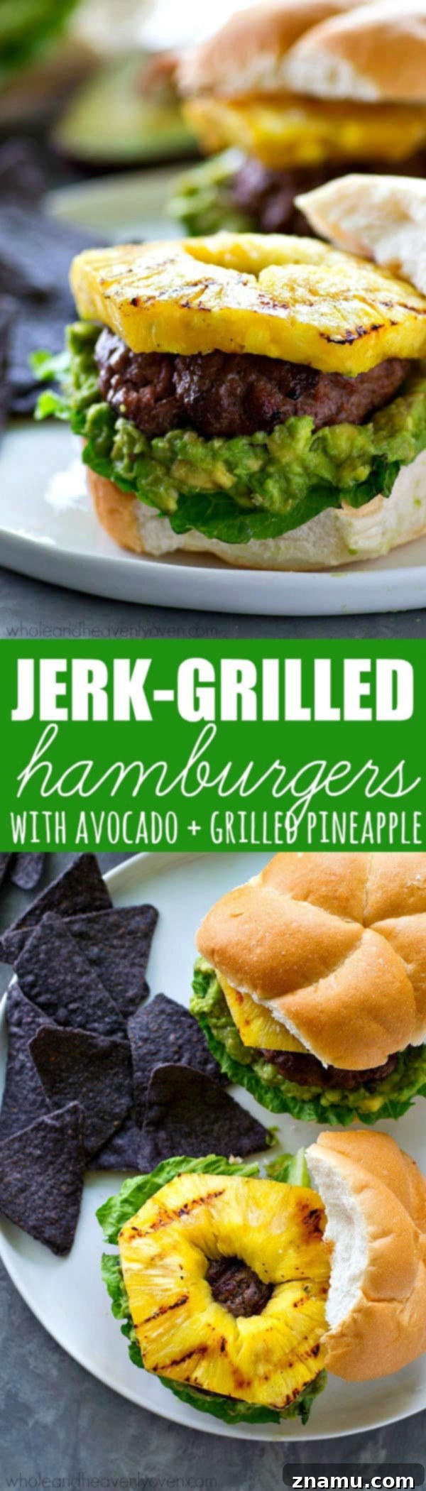 Jerk-Grilled Hamburgers with Avocado and Grilled Pineapple 7 A completed jerk hamburger with avocado, grilled pineapple, and lettuce on a bun