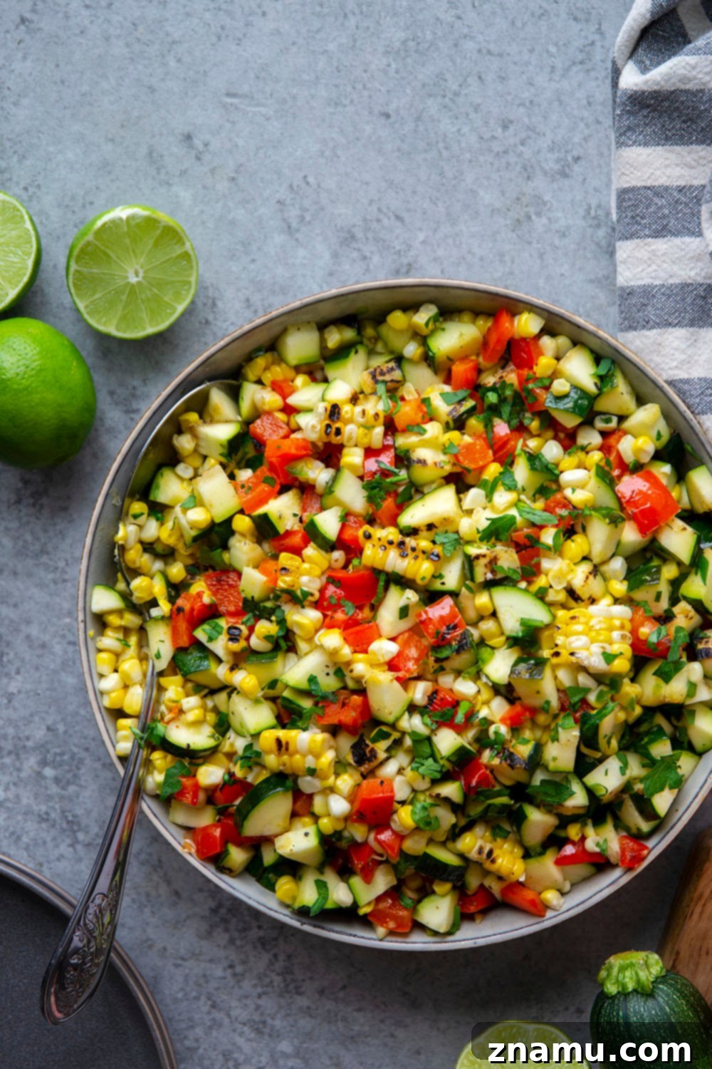 Sweet Corn Mexican Salad with smoky grilled zucchini and charred corn