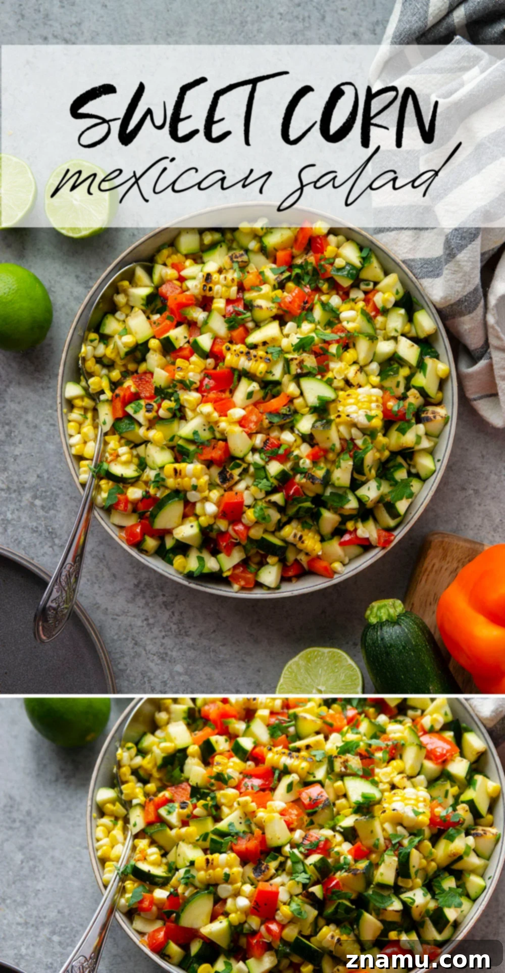 Overhead shot of Charred Zucchini Sweet Corn Mexican Salad