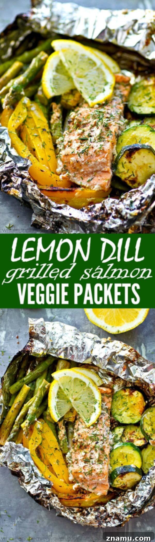 A beautifully presented grilled salmon and vegetable foil packet on a plate, garnished with fresh dill, ready to be enjoyed as a wholesome and delicious meal.
