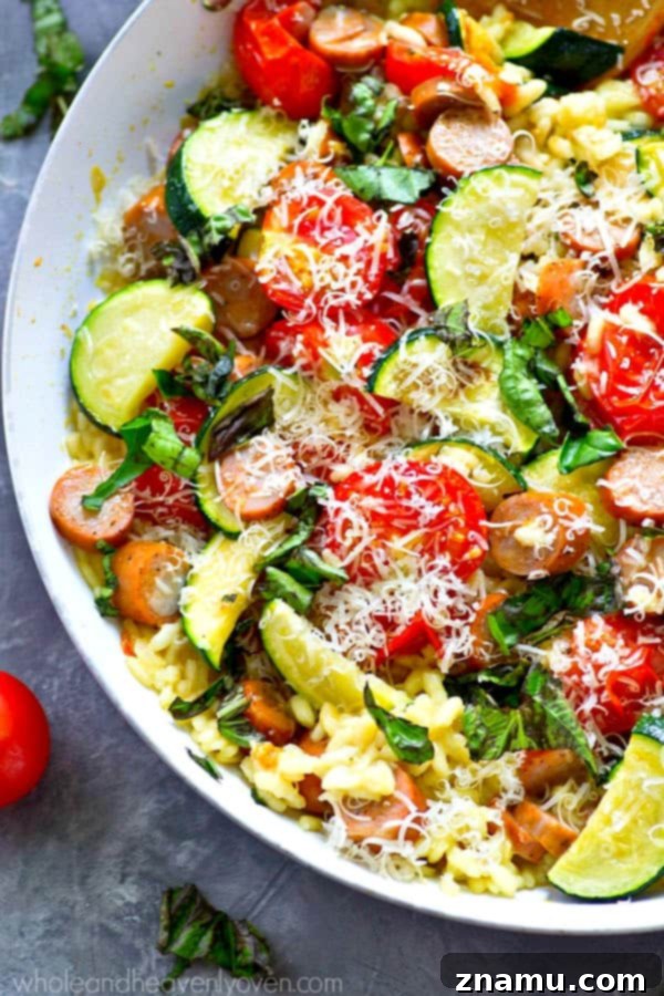 Sun-Drenched Sausage and Garden Risotto 3 Chef stirring arborio rice in a skillet for creamy risotto