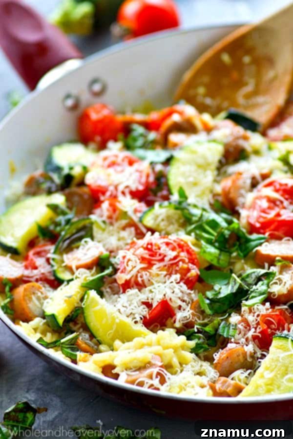 Sun-Drenched Sausage and Garden Risotto 4 Roasting cherry tomatoes and zucchini for summer risotto