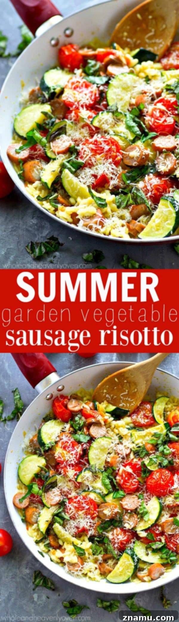 Sun-Drenched Sausage and Garden Risotto 8 Overhead shot of Summer Garden Vegetable Sausage Risotto in a pan