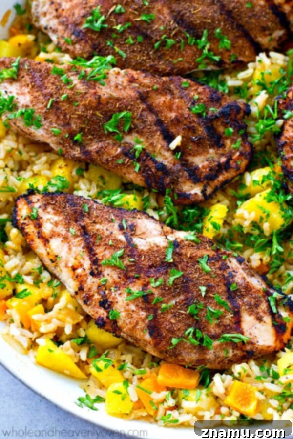 Fiery Jerk Chicken & Golden Pineapple Rice 3 Sweet 'n' spicy grilled jerk chicken is the perfect match for tropical fried rice with plenty of fresh pineapple.---This 20-minute dinner is SO easy to throw together for a busy weeknight.