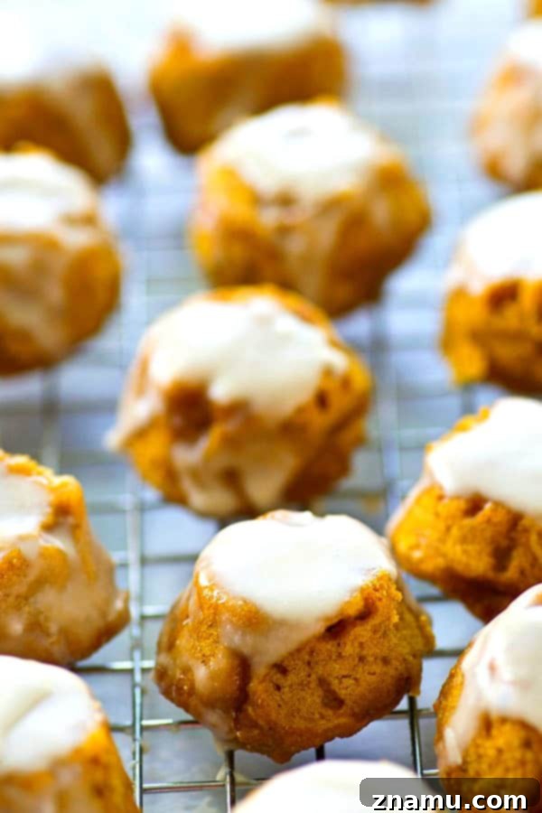 Lighter Pumpkin Spice Glaze Poppers 3 A close-up of baked pumpkin spice donut holes, showcasing their inviting texture.
