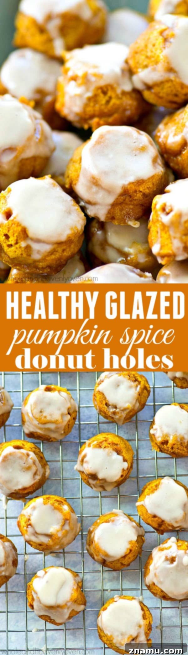 Lighter Pumpkin Spice Glaze Poppers 8 An overhead shot showcasing many pumpkin spice donut holes, glazed and ready.