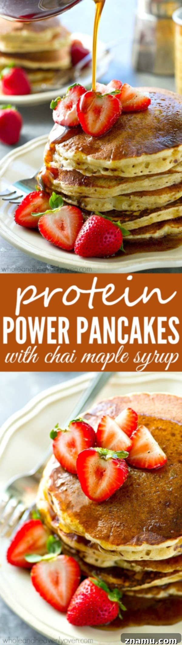 Chai Maple Drizzled Protein Power Pancakes 9 A beautifully presented stack of protein power pancakes, generously drizzled with chai spice maple syrup, surrounded by fresh berries and a sprig of mint.
