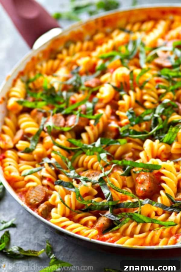 One-Pan Roasted Red Pepper Sausage Mac & Cheese 4 Close-up of Skillet Mac and Cheese with Sausage and Basil