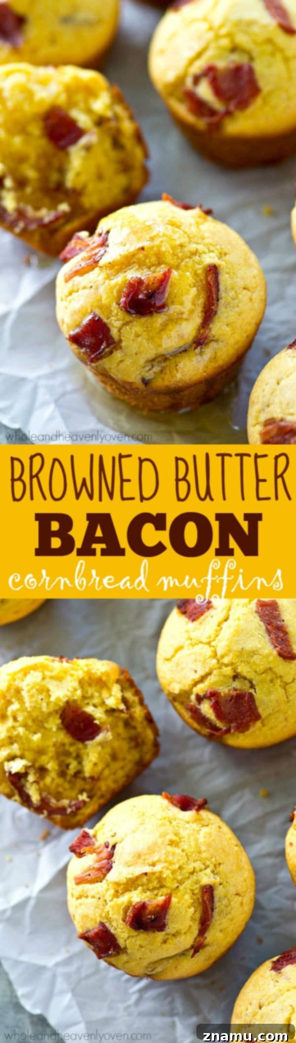Brown Butter Bacon Cornbread Muffins 8 A bountiful stack of browned butter bacon cornbread muffins, generously drizzled with golden honey, ready to be enjoyed.