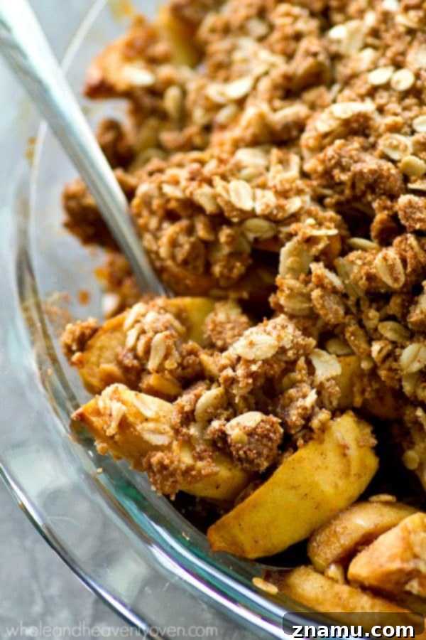 Apple Crisp with Peanut Butter Oat Topping 5 Peanut butter oatmeal streusel generously piled over a pan of spiced apples