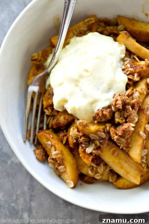 Apple Crisp with Peanut Butter Oat Topping 7 Multiple bowls of Peanut Butter Oatmeal Apple Crisp with various toppings including ice cream and whipped cream