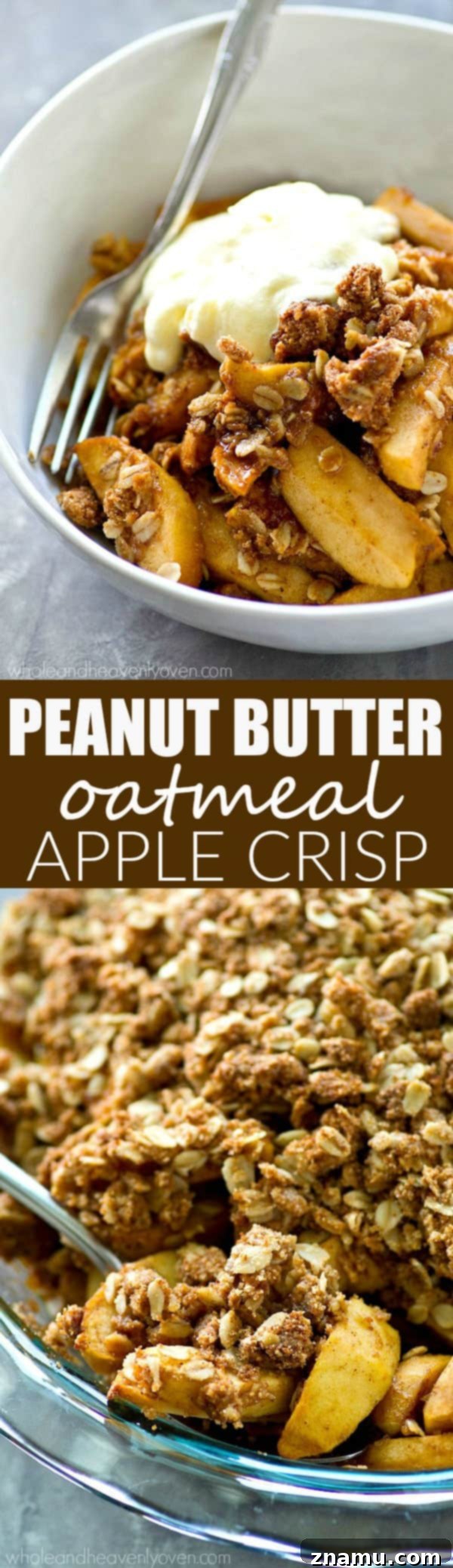 Apple Crisp with Peanut Butter Oat Topping 8 A generous serving of Peanut Butter Oatmeal Apple Crisp with a spoon, highlighting its inviting texture