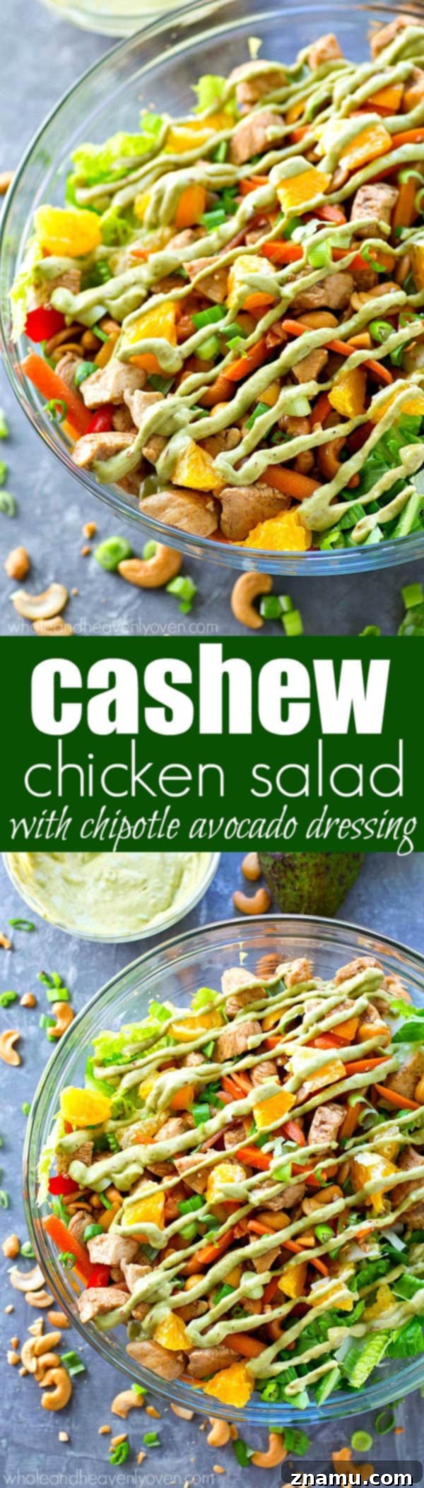 Creamy Chipotle Avocado Cashew Chicken Salad 8 An overhead view of the full cashew chicken salad meal, emphasizing the generous portion and inviting presentation.
