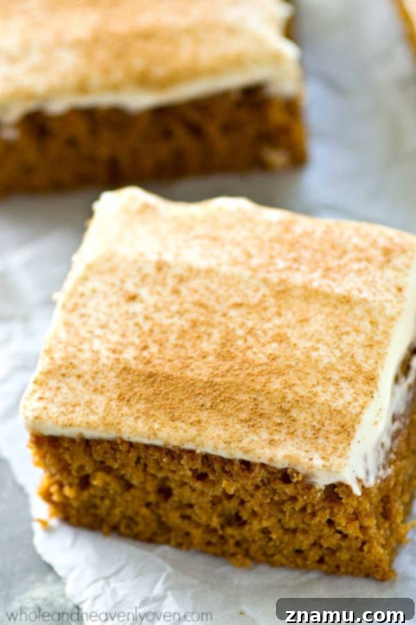 Spiced Applesauce Snack Cake with Cream Cheese Frosting 3 Close-up of fluffy applesauce cake with rich cream cheese frosting