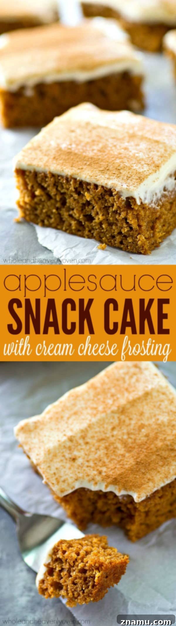 Spiced Applesauce Snack Cake with Cream Cheese Frosting 8 Full sheet of applesauce snack cake with cream cheese frosting, just baked