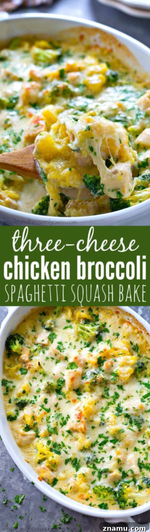 Golden Three-Cheese Chicken and Broccoli Spaghetti Squash Bake 8 The complete Three-Cheese Chicken Broccoli Spaghetti Squash Bake in a large baking dish, garnished with fresh herbs, ready for serving.