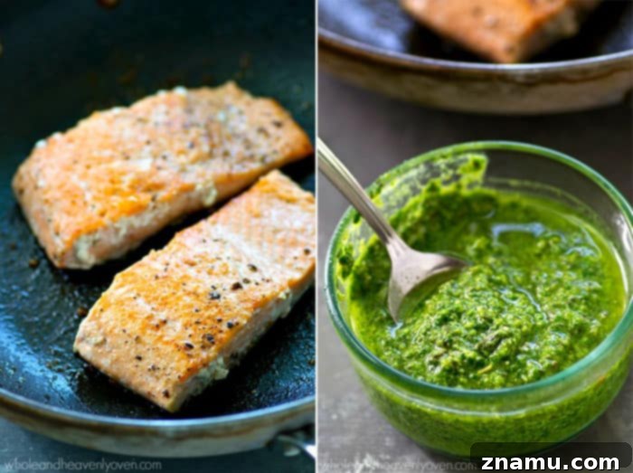 Perfectly Seared Salmon with Spinach Basil Pesto 6 Two pieces of perfectly pan-seared salmon with a golden crust resting on a white plate, ready for pesto.