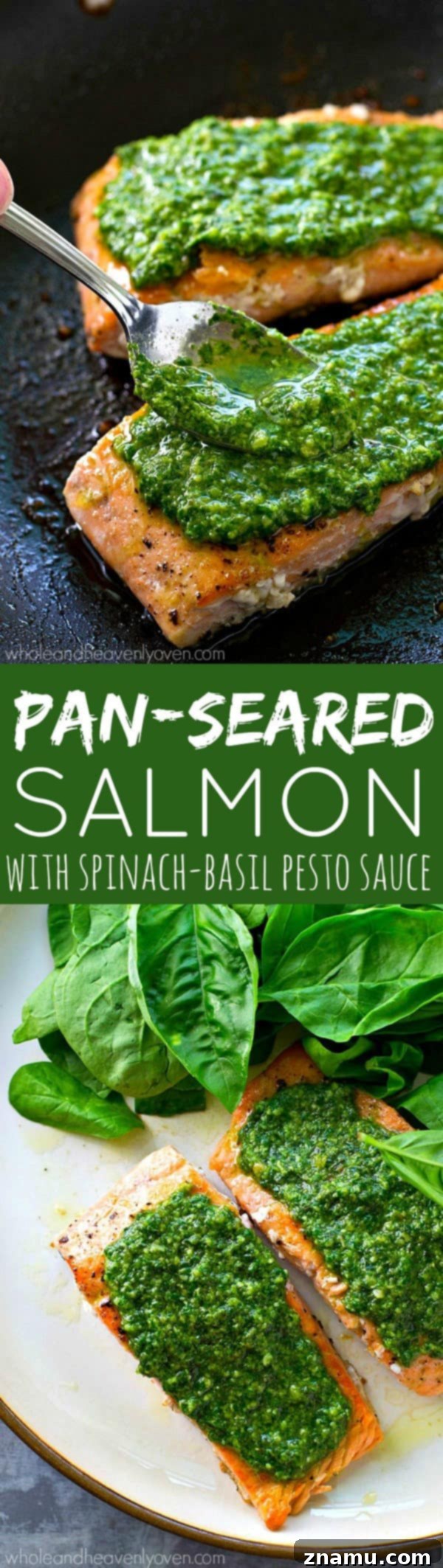 Perfectly Seared Salmon with Spinach Basil Pesto 8 Delicious pan-seared salmon with green pesto, garnished with a lime wedge and basil, photographed from above.