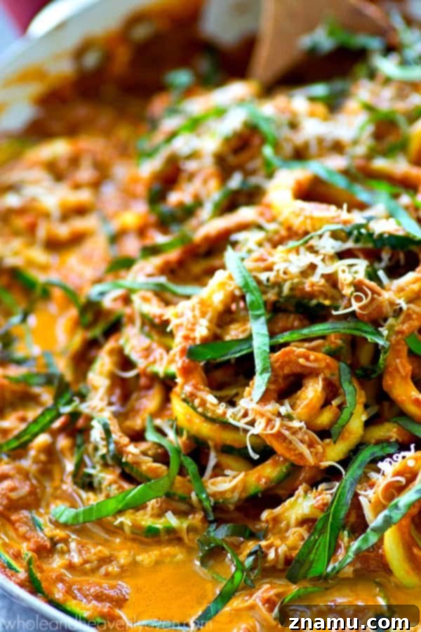 Creamy Sun-Dried Tomato Zucchini Alfredo Noodles 4 Skillet full of creamy Sun-Dried Tomato Alfredo Zucchini Noodles
