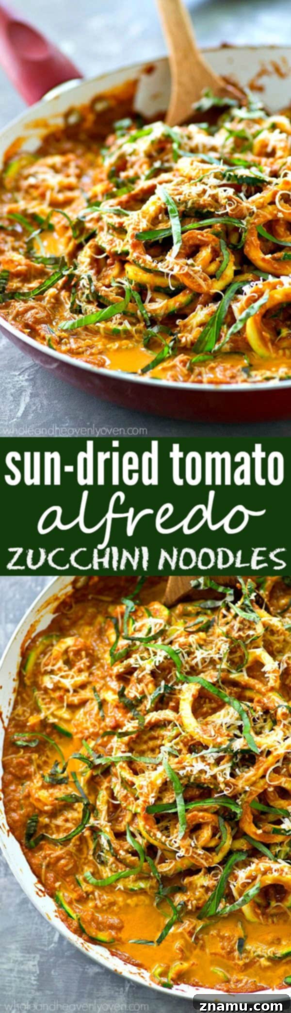 Creamy Sun-Dried Tomato Zucchini Alfredo Noodles 8 Overhead shot of a large serving of Sun-Dried Tomato Alfredo Zucchini Noodles
