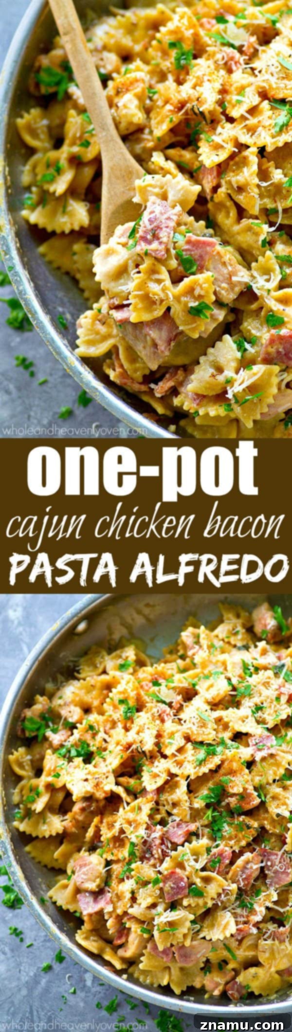 Cajun Chicken & Bacon Alfredo Pasta 6 Close-up of a generous serving of One-Pot Cajun Chicken Pasta Alfredo, garnished with fresh parsley.