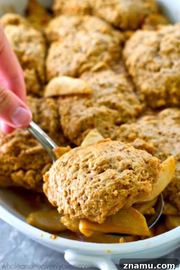 Brown Butter Biscuit Apple Cobbler 5 Freshly baked apple cobbler, hot and bubbly, ready to be served.