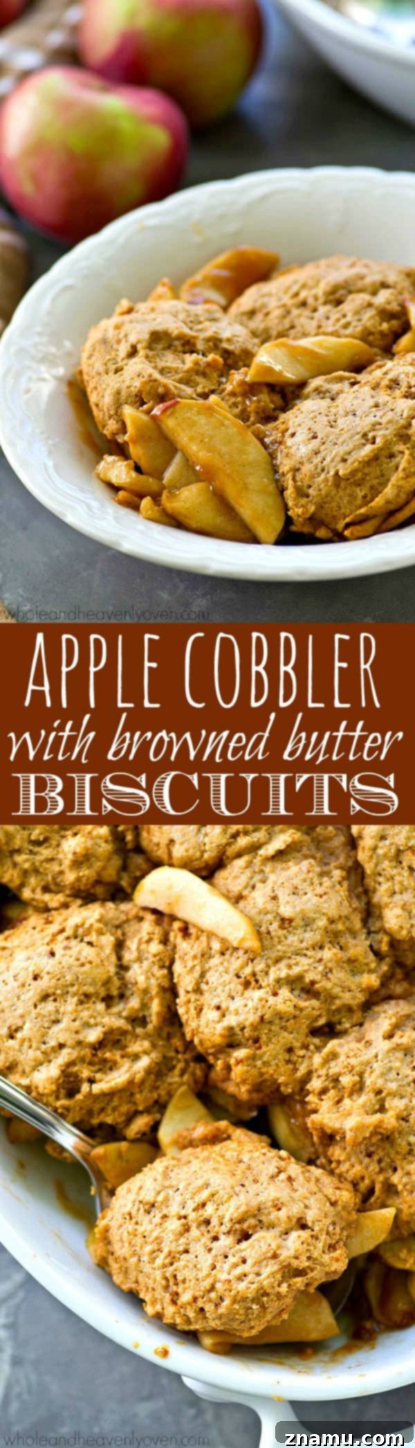 Brown Butter Biscuit Apple Cobbler 7 Detailed shot of the flaky browned butter biscuit topping on a baked apple cobbler.