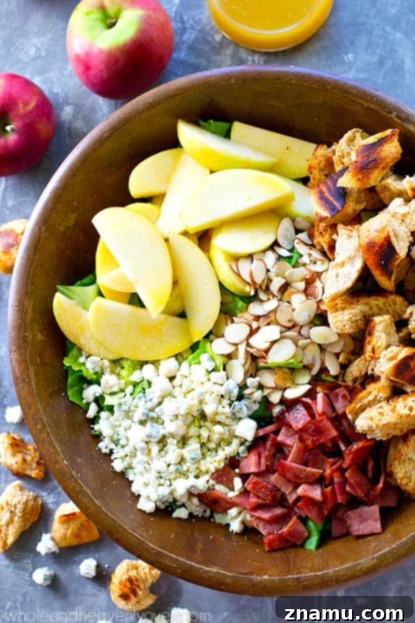 Vibrant Apple Almond Blue Cheese Salad with Zesty Cider Dressing 2 A vibrant fall-style apple salad with apples, nuts, bacon, blue cheese, and apple cider dressing