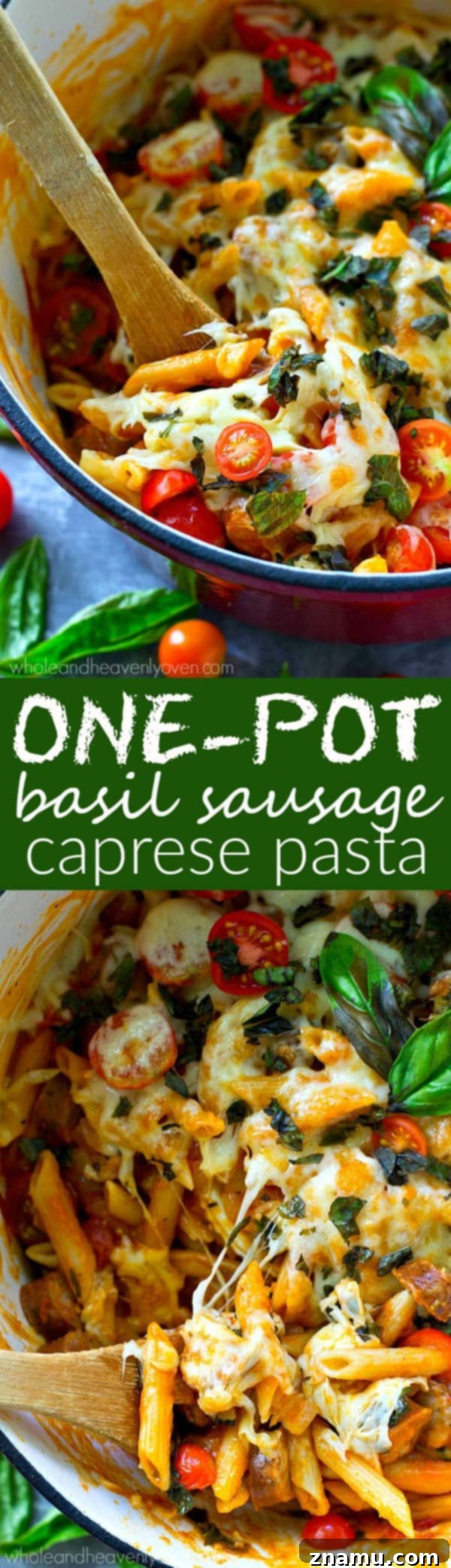 Basil Sausage Caprese Skillet Pasta 8 A wide shot of a full Dutch oven of one-pot basil sausage caprese pasta, topped with melted cheese and fresh basil, ready to be served.