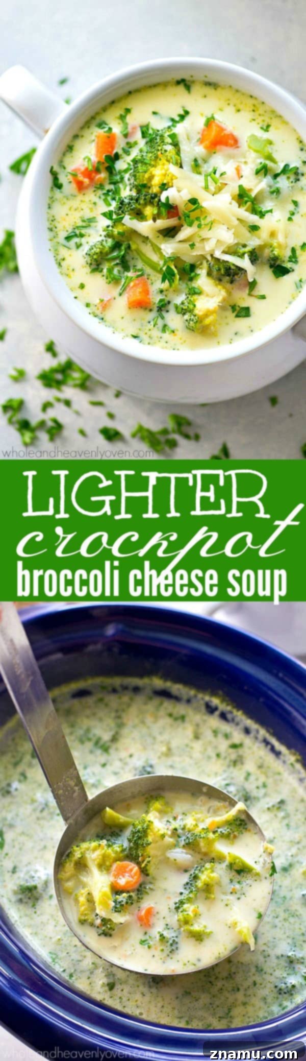 Wholesome Slow Cooker Broccoli Cheddar Soup 8 Overhead shot of two bowls of Lighter Crockpot Broccoli Cheese Soup, garnished with cheddar and parsley.