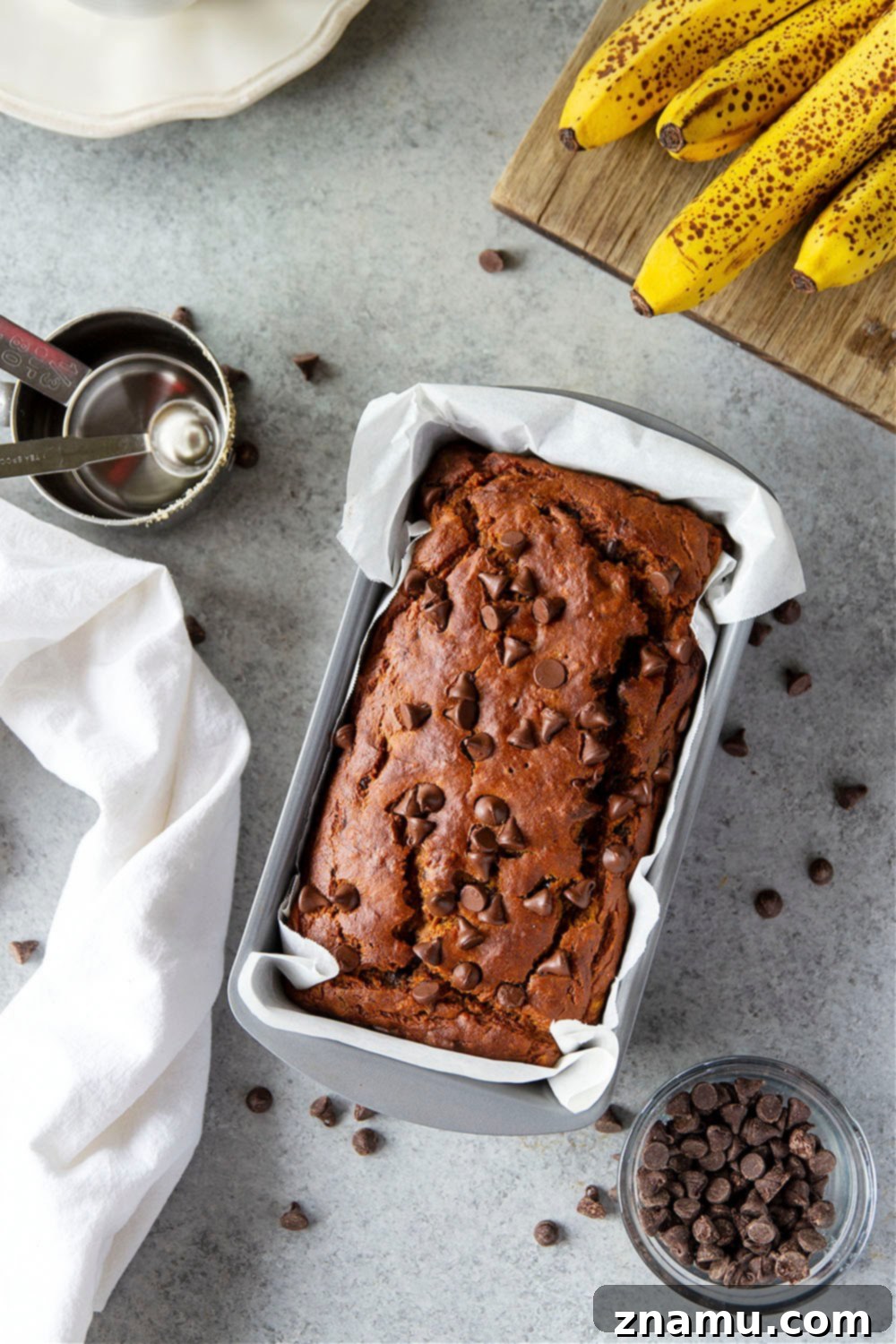 Spiced Banana Chocolate Chip Pumpkin Loaf 3 Close-up of a slice of Banana Chocolate Chip Pumpkin Bread, showing moist texture and chocolate chips.