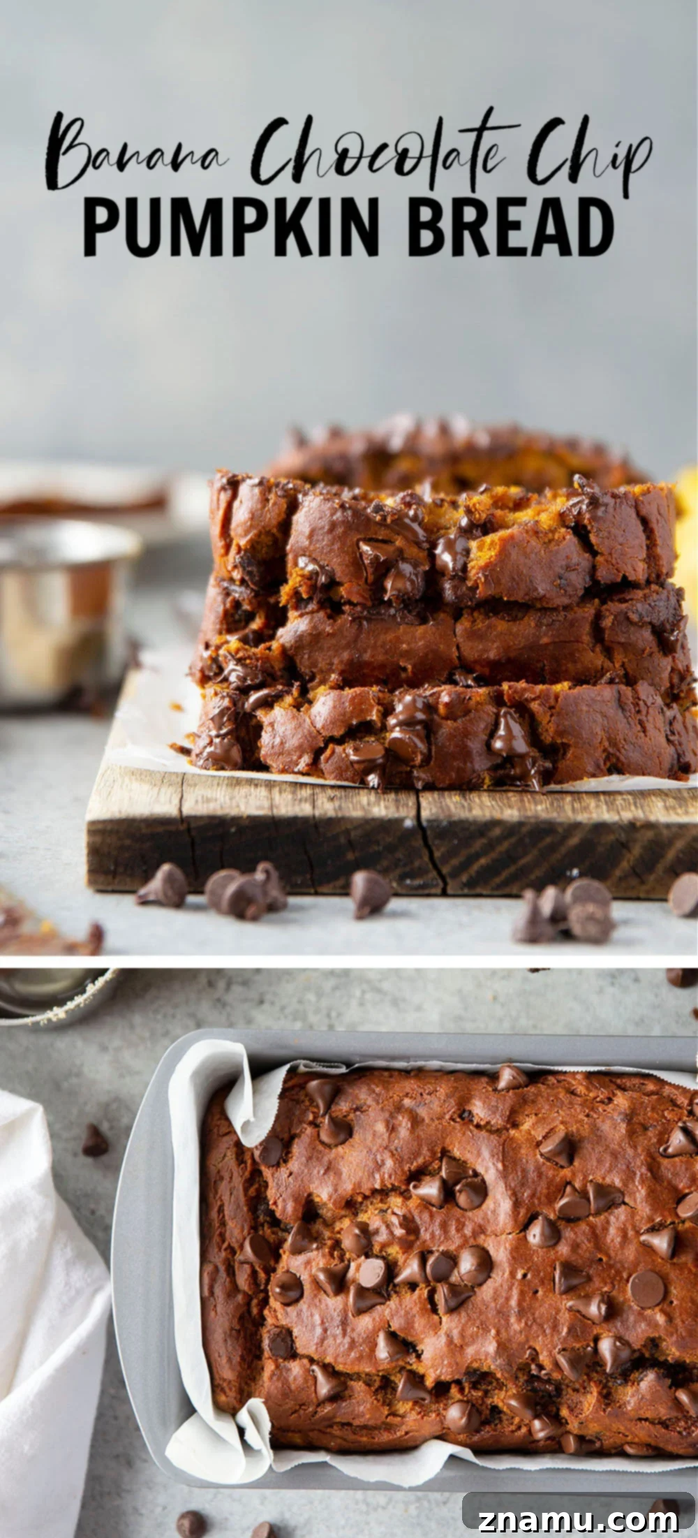 Spiced Banana Chocolate Chip Pumpkin Loaf 7 Overhead shot of a full loaf of Banana Chocolate Chip Pumpkin Bread on a wooden board.
