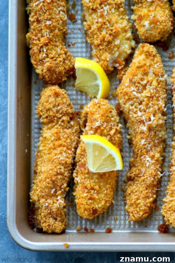 Crispy Lemon Parmesan Chicken Tenders with Aromatic Herb Pasta 5 Crispy lemon Parmesan baked chicken strips and buttery herb noodles make for one unbelievably fast and easy, yet totally insanely flavorful dinner that everyone will gladly gobble up!