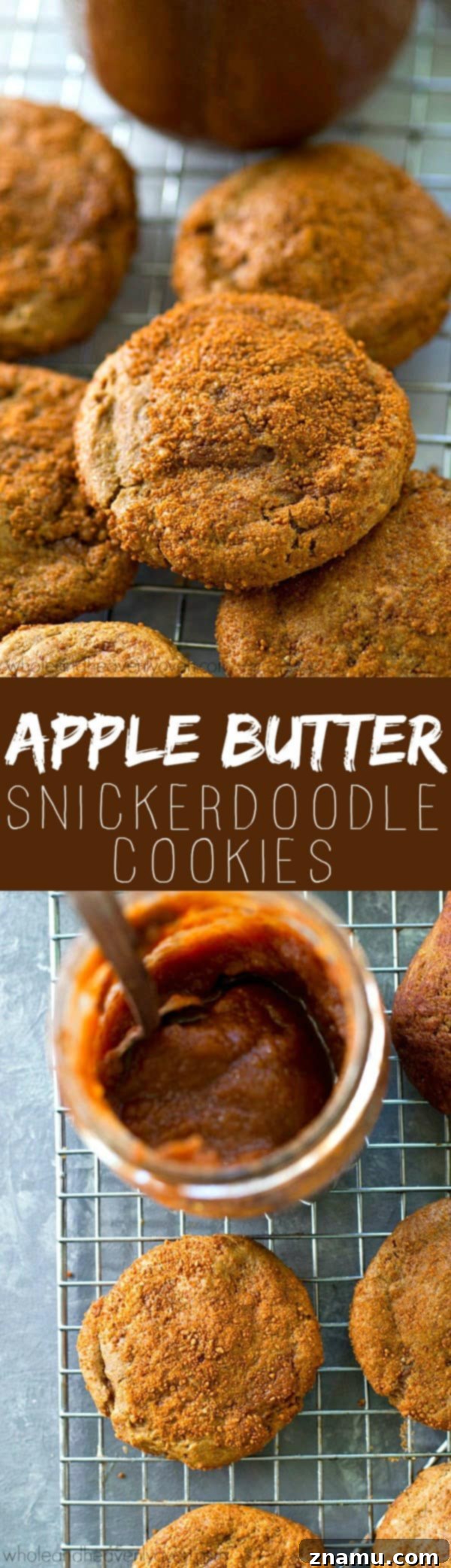Spiced Apple Butter Snickerdoodle Cookies 8 Vertical shot of apple butter snickerdoodles, highlighting their soft texture and generous cinnamon coating