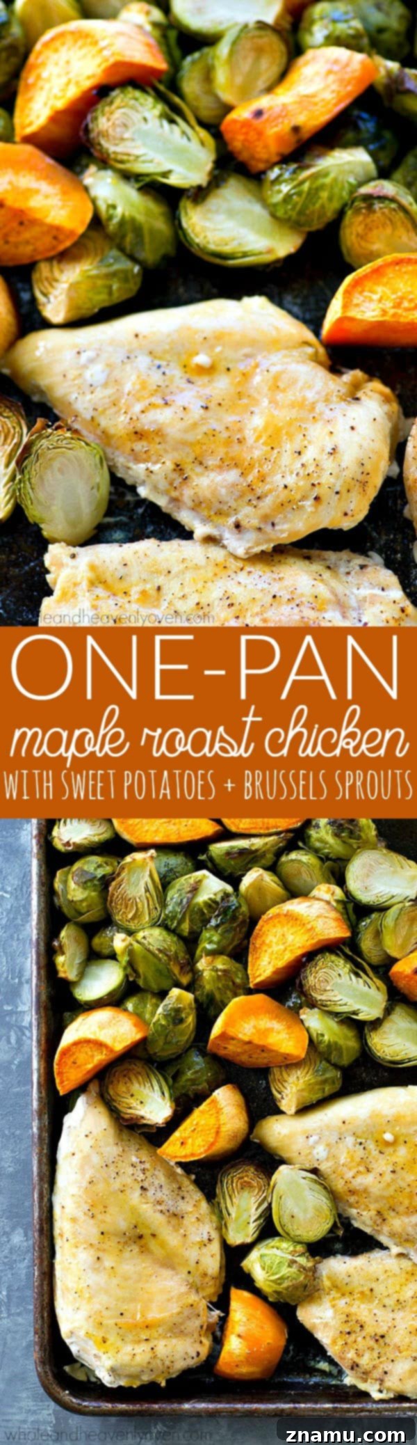Juicy maple chicken, and tender sweet potatoes and brussels sprouts are are all roasted to perfection in ONE pan in less than an hour for an easy weeknight dinner with ZERO work involved!
