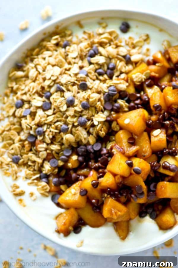 Caramel Apple Pie Flavored Granola Yogurt Bowls 2 Delicious Caramel Apple Pie Granola Yogurt Bowl ready to be enjoyed, showcasing layers of creamy yogurt, crunchy granola, and warm caramelized apples.