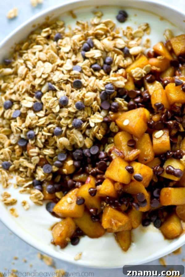 Caramel Apple Pie Flavored Granola Yogurt Bowls 5 Ingredients for Caramel Apple Pie Granola Yogurt Bowls laid out: diced apples, butter, sugar, cinnamon, agave, salt, Greek yogurt, granola, and chocolate chips.