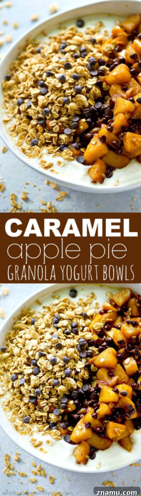 Caramel Apple Pie Flavored Granola Yogurt Bowls 8 Stacked Caramel Apple Pie Granola Yogurt Bowls with a rich display of caramelized apples and chocolate chips.
