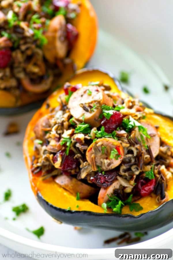 Wild Rice Sausage and Cranberry Stuffed Acorn Squash Boats 2 Tender roasted acorn squash boats are stuffed with a flavorful wild rice and sausage filling for a stunner fall side dish that goes great with roast chicken or turkey.