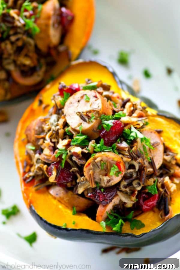 Wild Rice Sausage and Cranberry Stuffed Acorn Squash Boats 4 Hearty and flavorful wild rice and sausage filling for acorn squash boats.