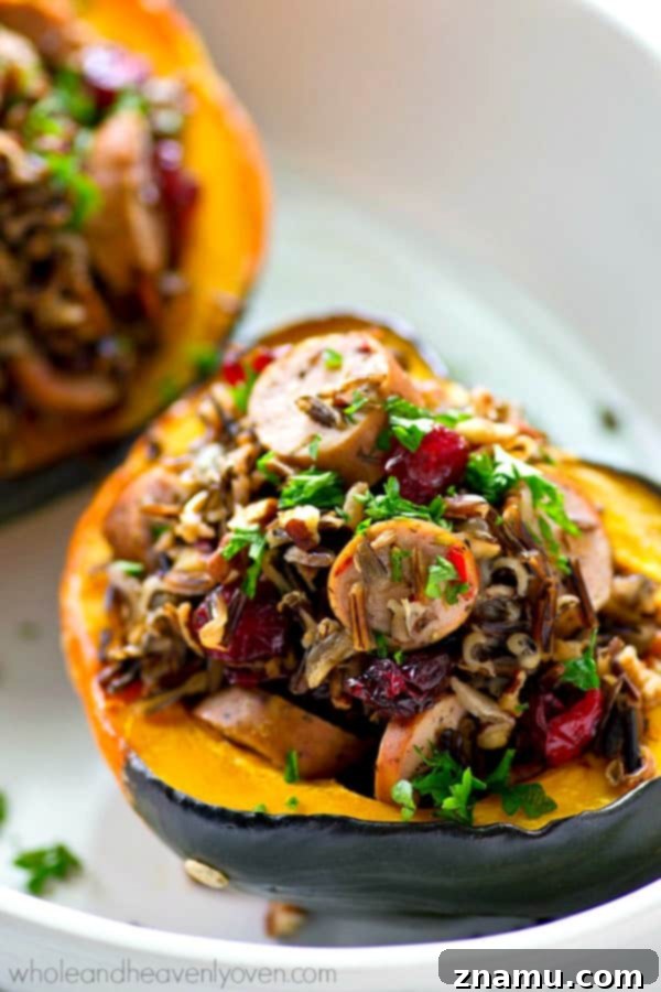 Wild Rice Sausage and Cranberry Stuffed Acorn Squash Boats 5 Preparing the filling for wild rice and sausage stuffed acorn squash with cranberries and pecans.