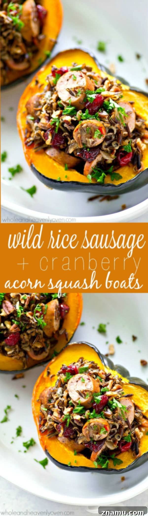 Wild Rice Sausage and Cranberry Stuffed Acorn Squash Boats 7 Close-up of a deliciously stuffed acorn squash boat, showcasing the hearty wild rice and sausage filling.