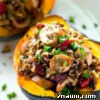 Wild Rice Sausage and Cranberry Stuffed Acorn Squash Boats 8 Tender roasted acorn squash boats are stuffed with a flavorful wild rice and sausage filling for a stunner fall side dish that goes great with roast chicken or turkey.