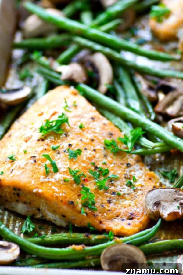 One Pan Lemon Garlic Parmesan Salmon with Green Beans and Mushrooms 4 Roasted in a flavorful lemon garlic Parmesan sauce and lots of little mushrooms and green beans, this baked salmon is a breeze to throw together for a weeknight dinner and is packed with SO many amazing flavors!